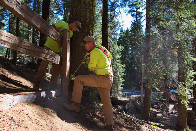 Conservancy crew members improve a trail and prevent erosion at Eagle Rock.
