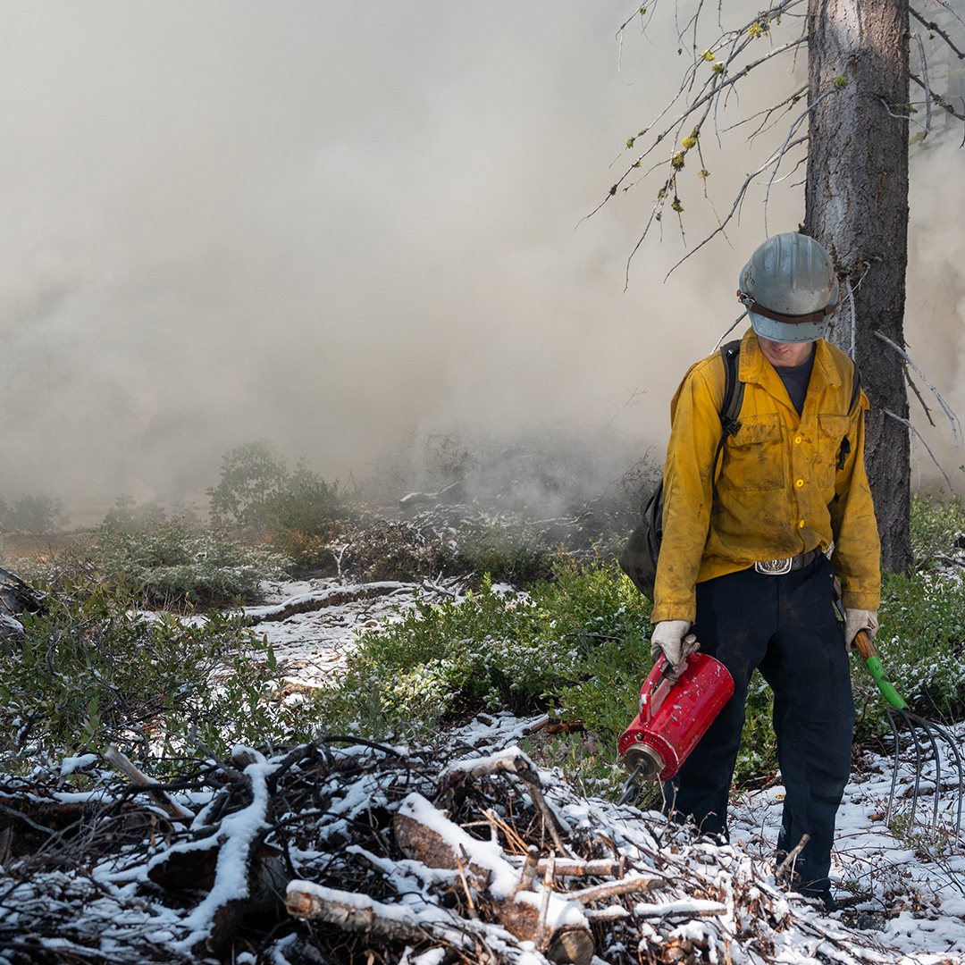 A crew member with Tahoe Douglas Fire Protection District igniting a pile on the California Tahoe Conservancy's Dollar Property in Placer County.