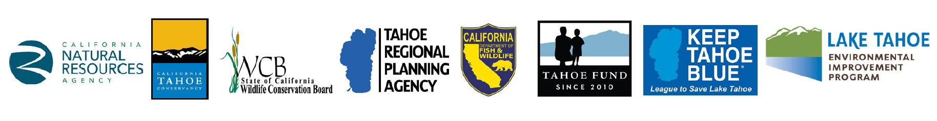 Logos of the California Natural Resources Agency, California Tahoe Conservancy, Wildlife Conservation Board, Tahoe Regional Planning Agency, California Department of Fish and Wildlife, Tahoe Fund, League to Save Lake Tahoe (Keep Tahoe Blue), and Lake Tahoe Environmental Improvement Program