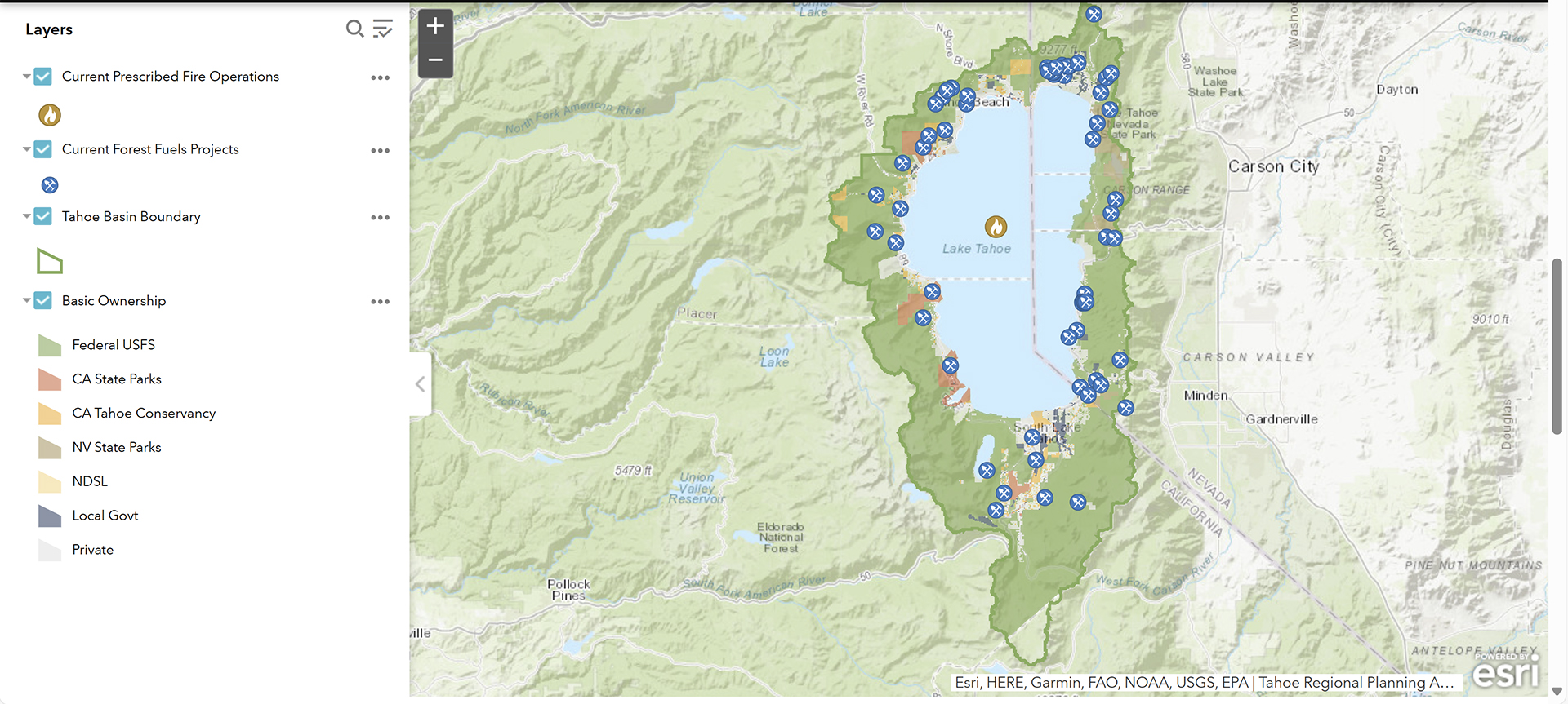 Map showing hazardous fuel reduction projects in the Lake Tahoe Basin