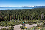 A person mountain biking on Conservancy land with Lake Tahoe in the background.