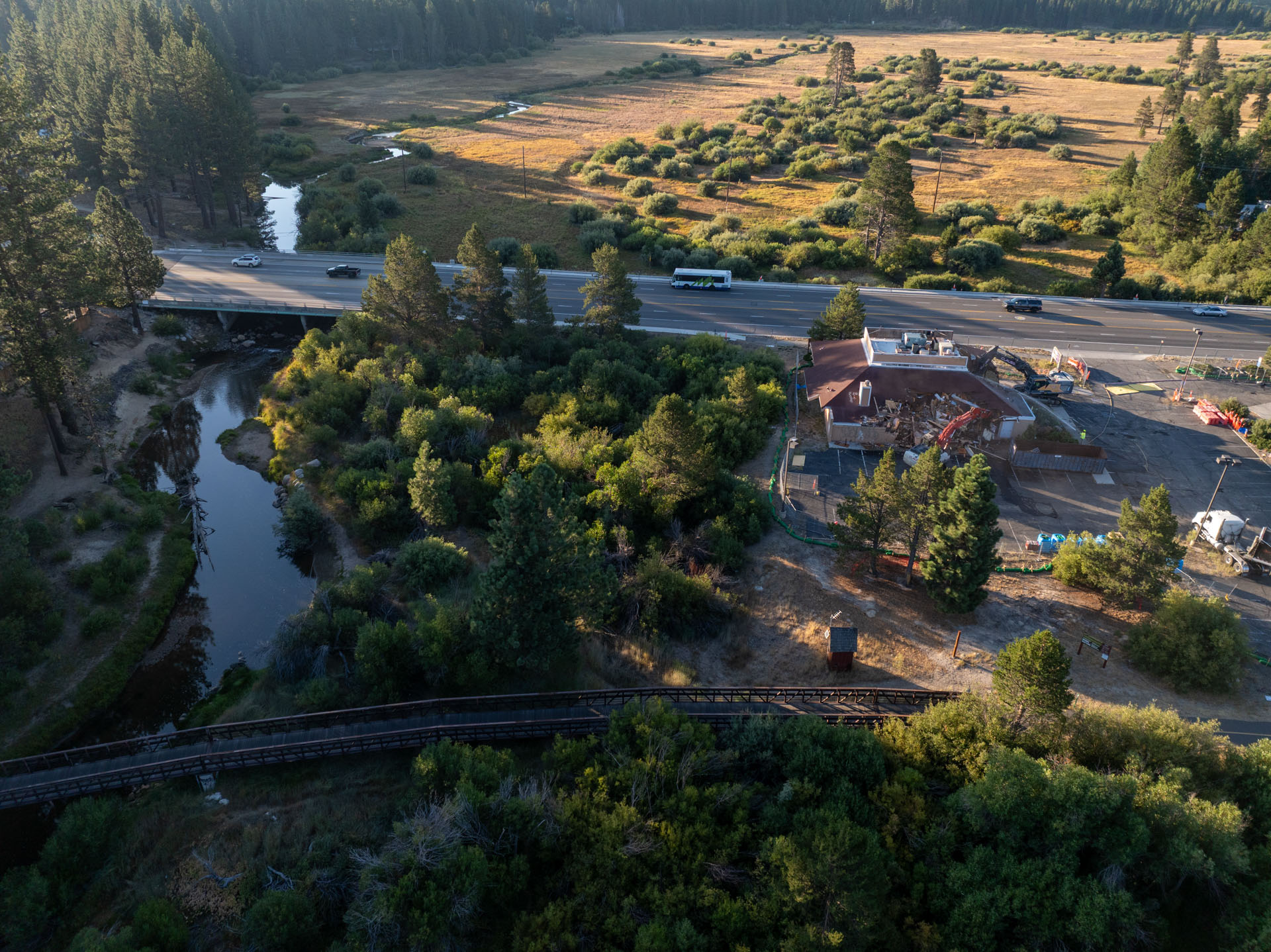 Demolition proceeds on a vacant restaurant building on environmentally sensitive land in South Lake Tahoe.